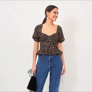 FARM Rio Orange and Black Puff Sleeve Peplum Blouse